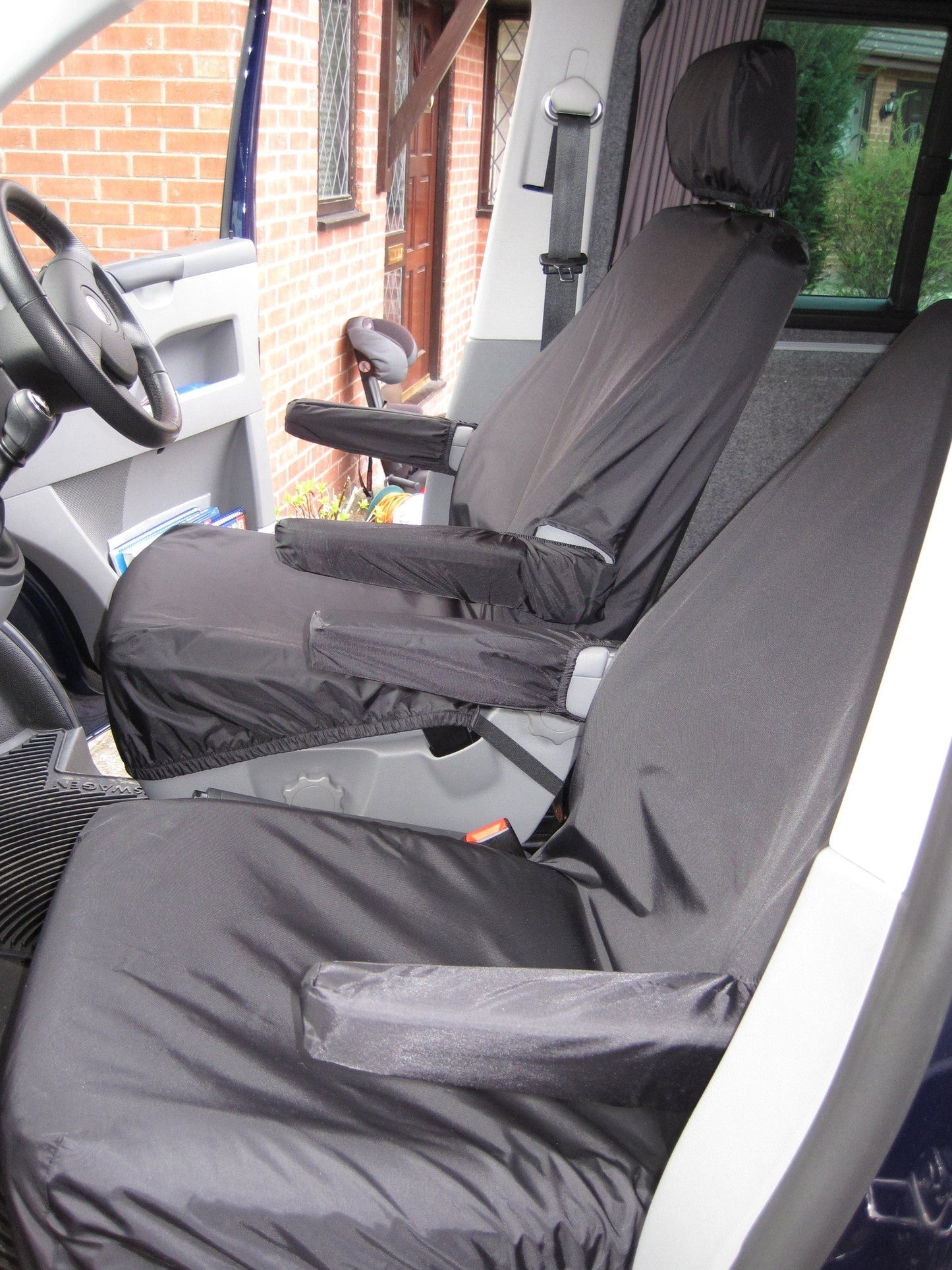 VW Volkswagen Transporter T5 2003-2009 Front Seat Covers Black / Driver's Seat &amp; Single Passenger / With Armrests Seat Covers 4 Vans Ltd