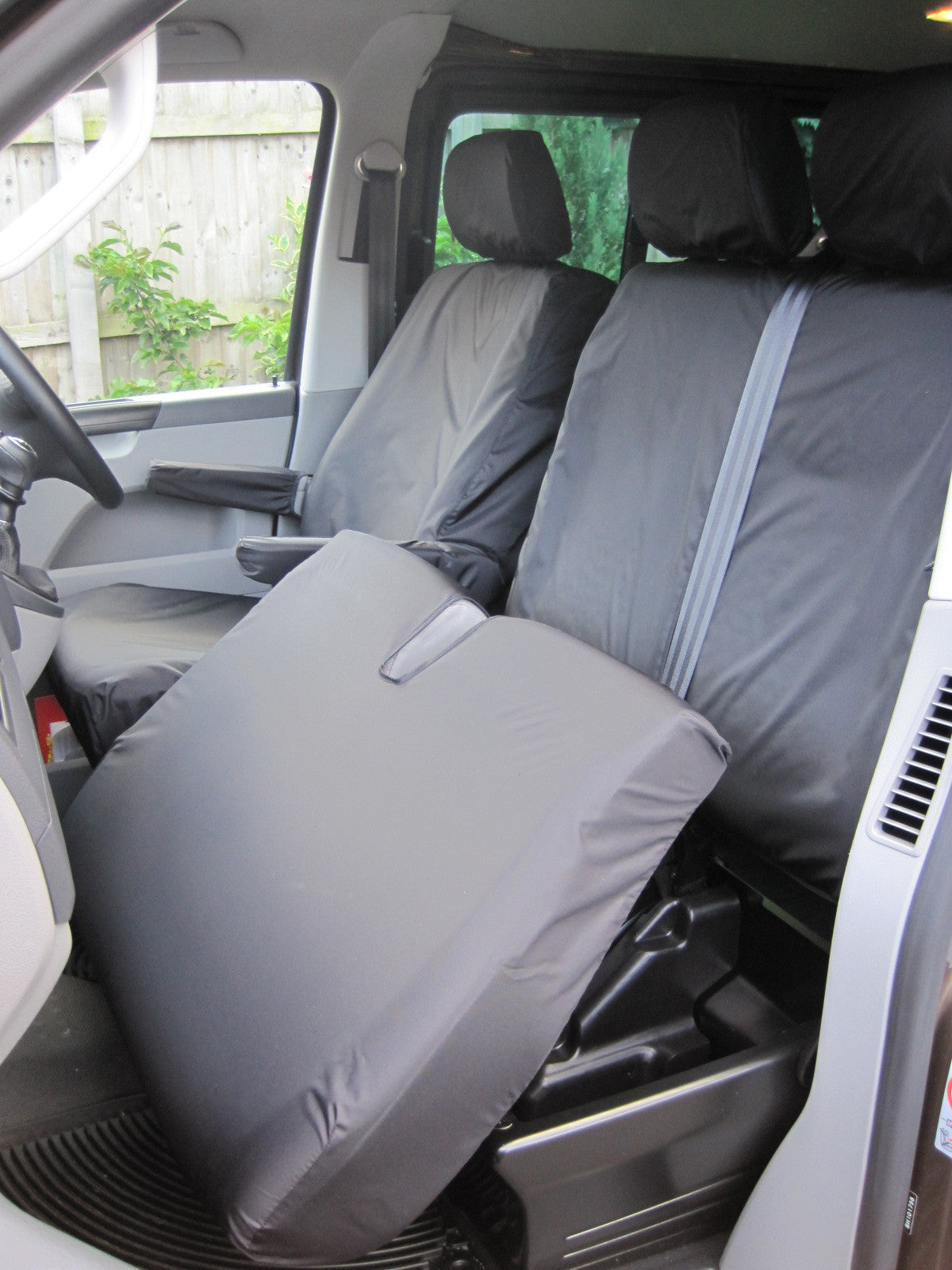 VW Volkswagen Transporter T5 2010 - 2015 Front Seat Covers Black / Driver's &amp; Double Passenger / With Armrests Seat Covers 4 Vans Ltd