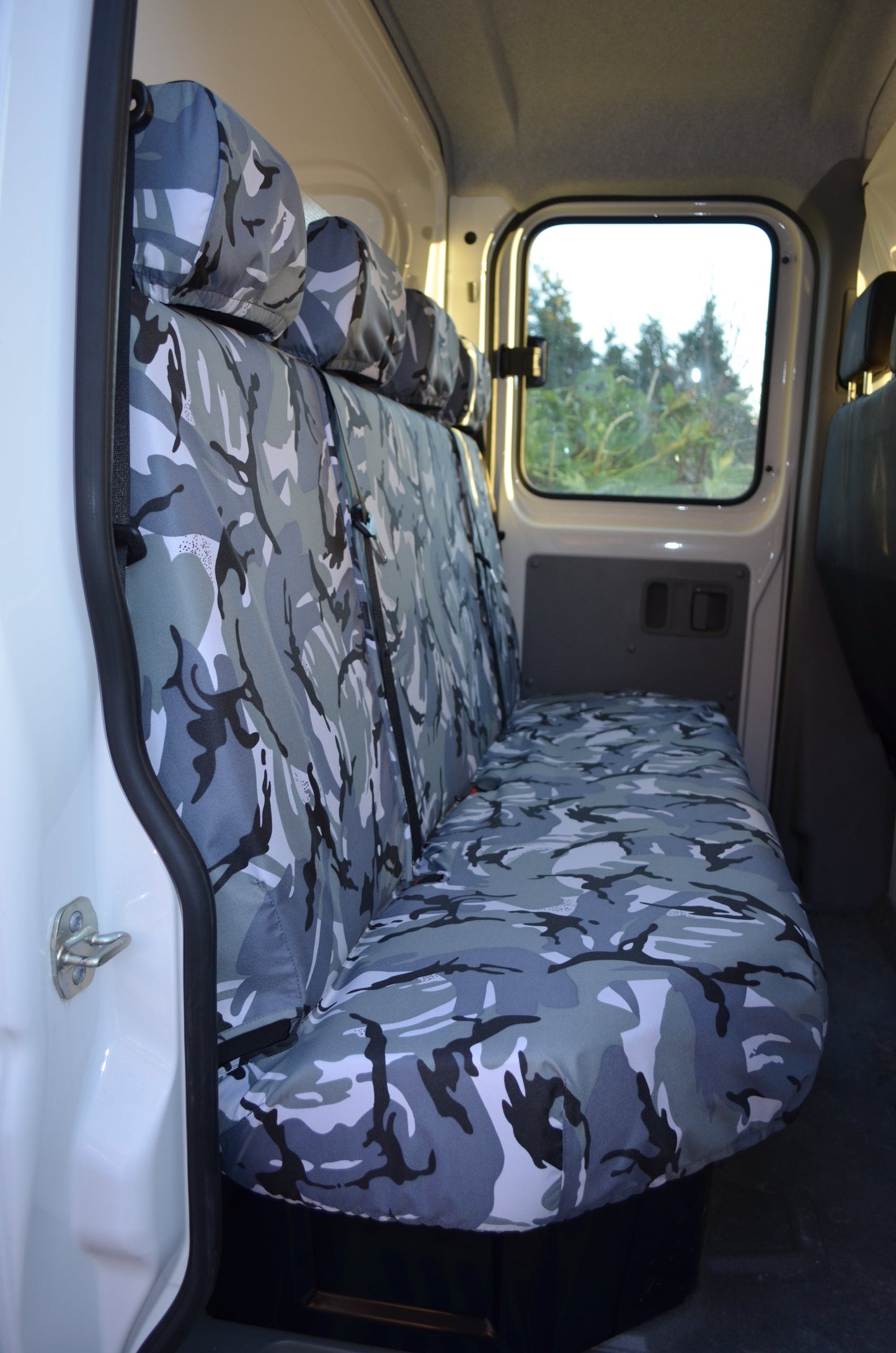 VW Crafter 2017+ Van Tailored &amp; Waterproof Seat Covers Grey Camouflage / Rear Quad Seat Covers 4 Vans Ltd