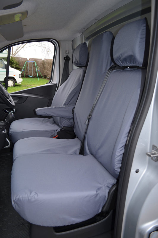 Vauxhall Vivaro 2014 - 2019 Tailored Front Seat Covers Grey / Folding Middle Seat &amp; Underseat Storage Seat Covers 4 Vans Ltd