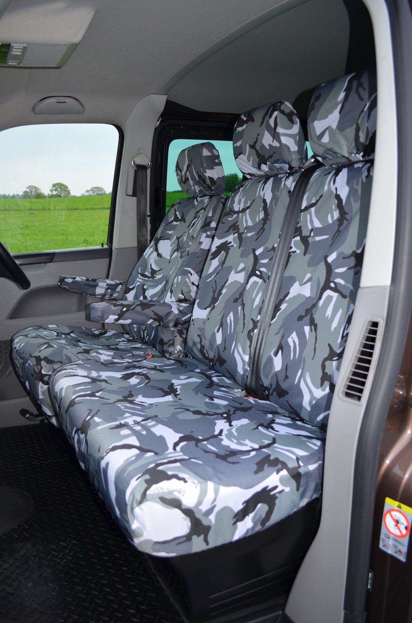 VW Volkswagen Transporter T5 2010 - 2015 Front Seat Covers Urban Camouflage / Driver's &amp; Double Passenger / With Armrests Seat Covers 4 Vans Ltd