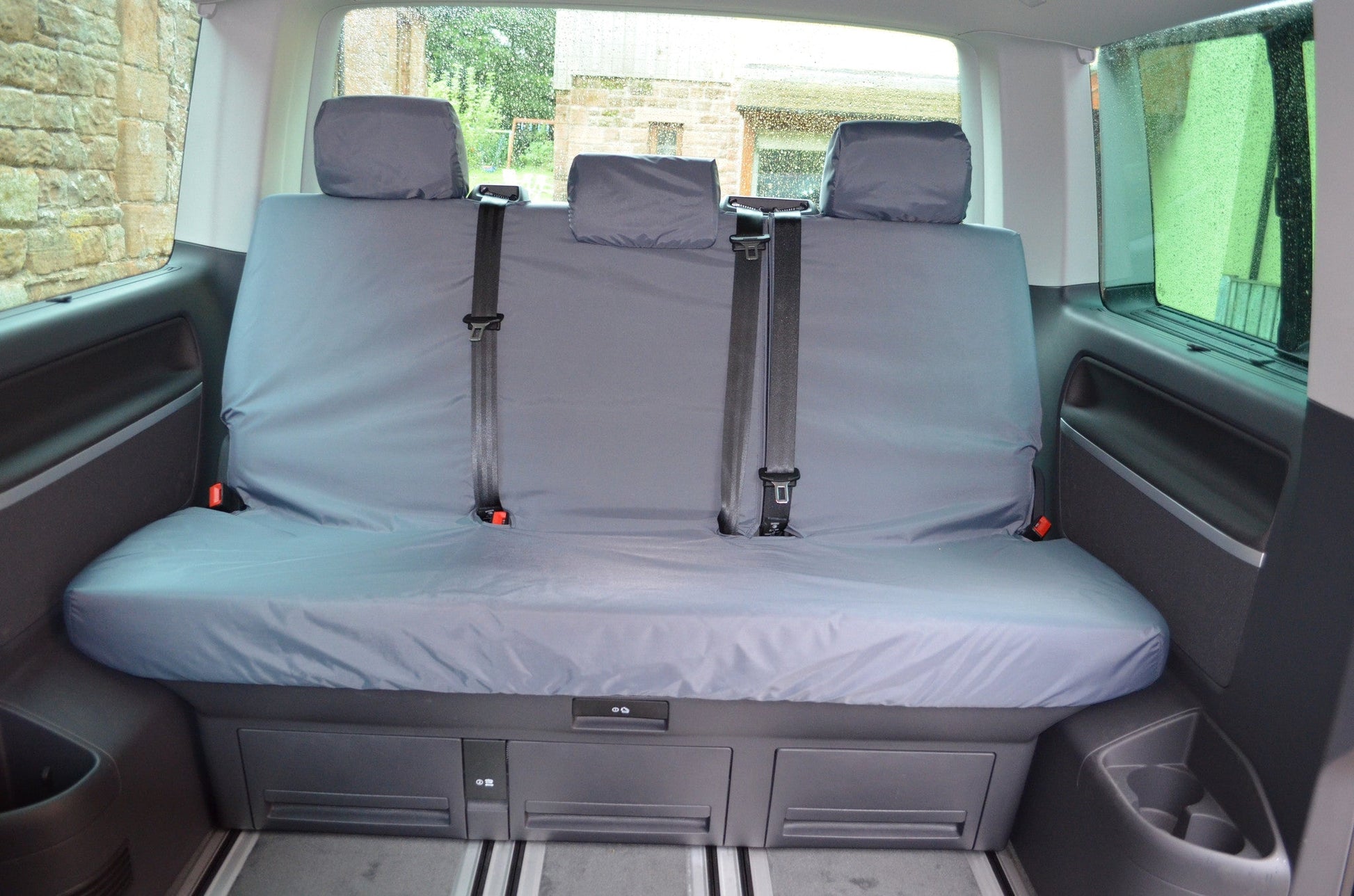 VW Volkswagen T6 Caravelle 2015+ Tailored Seat Covers Rear 3-Seater Bench / Grey Seat Covers 4 Vans Ltd