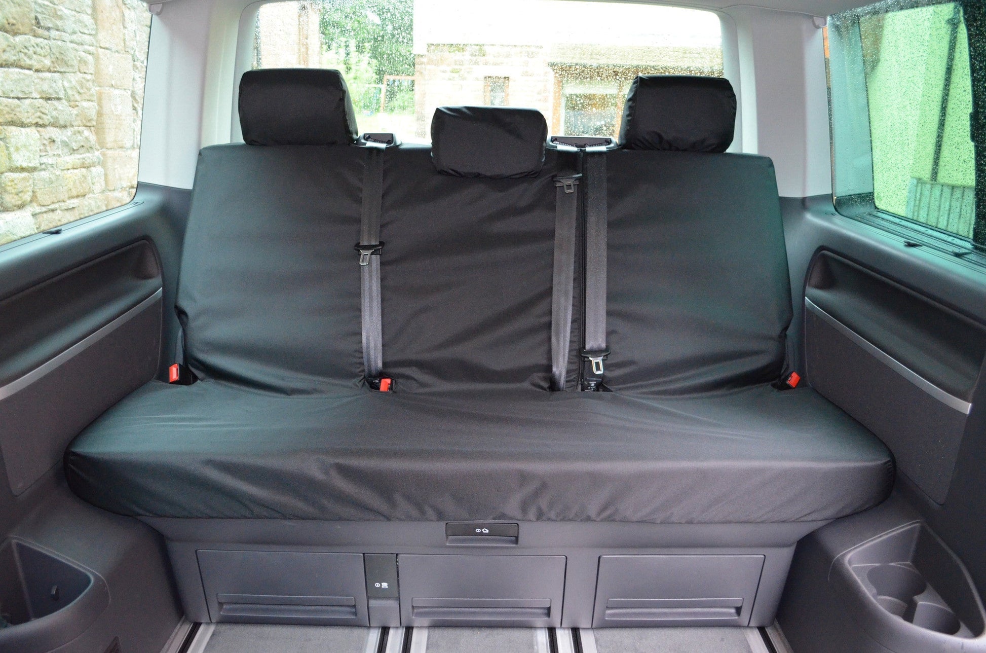 VW Volkswagen T6 Caravelle 2015+ Tailored Seat Covers Rear 3-Seater Bench / Black Seat Covers 4 Vans Ltd