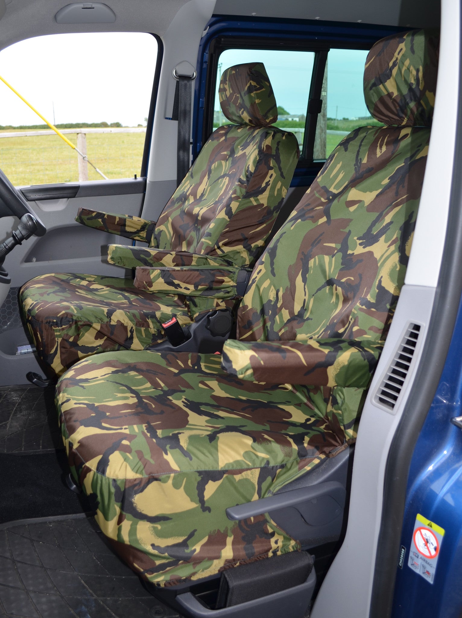 VW Volkswagen Transporter T5 2010 - 2015 Front Seat Covers Green Camouflage / Driver's &amp; Single Passenger / With Armrests Seat Covers 4 Vans Ltd