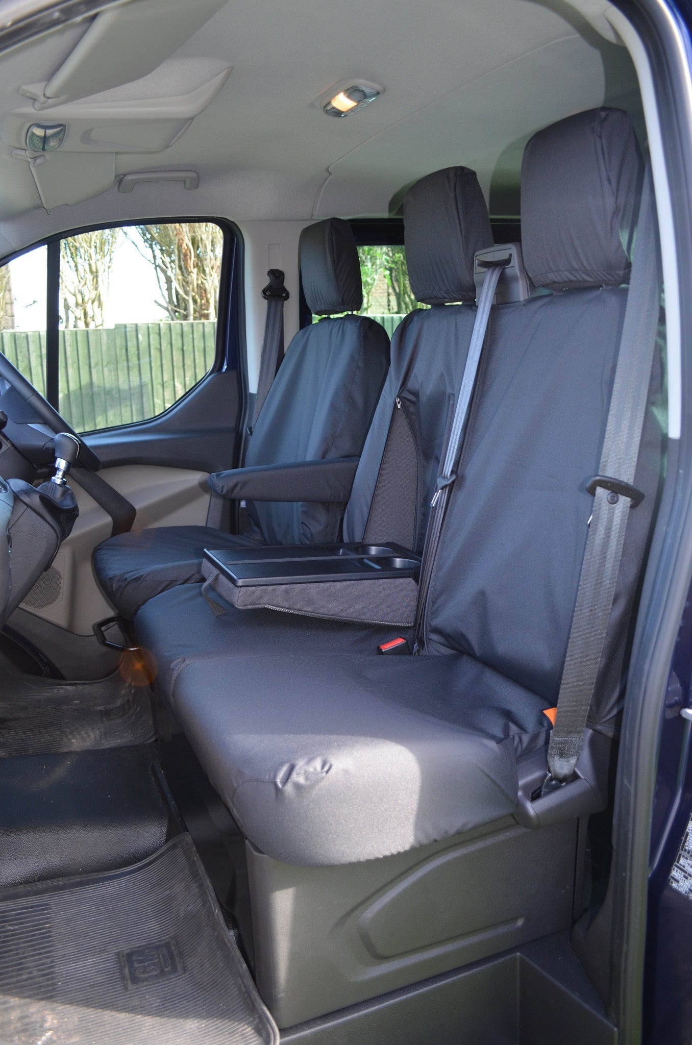 Ford Transit Custom 2013 Onwards Tailored Front Seat Covers Black / Driver's &amp; Double Passenger WITH Worktray Seat Covers 4 Vans Ltd