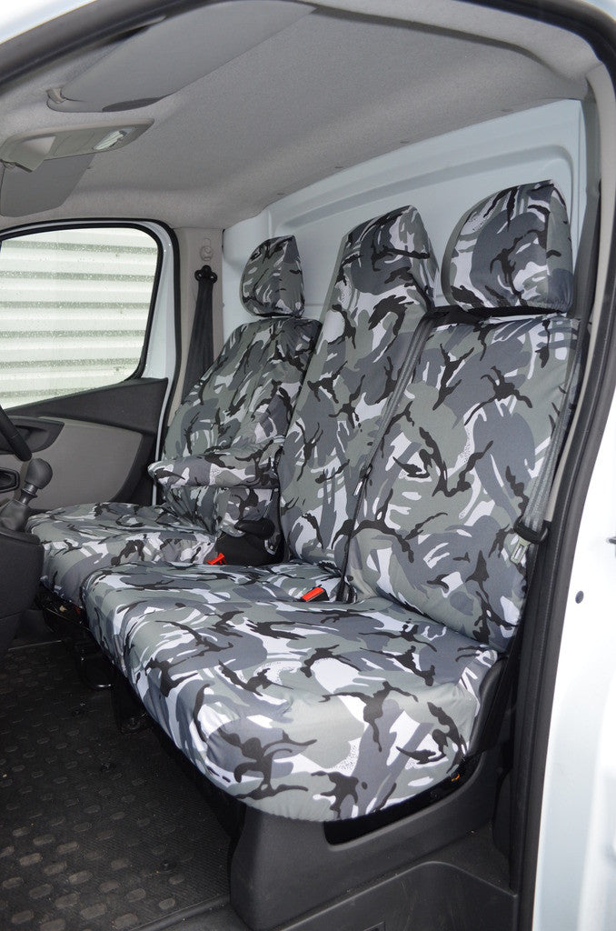 Fiat Talento 2016+ Waterproof and Tailored Front Seat Covers Grey Camouflage / Folding Middle Seat &amp; Underseat Storage Seat Covers 4 Vans Ltd