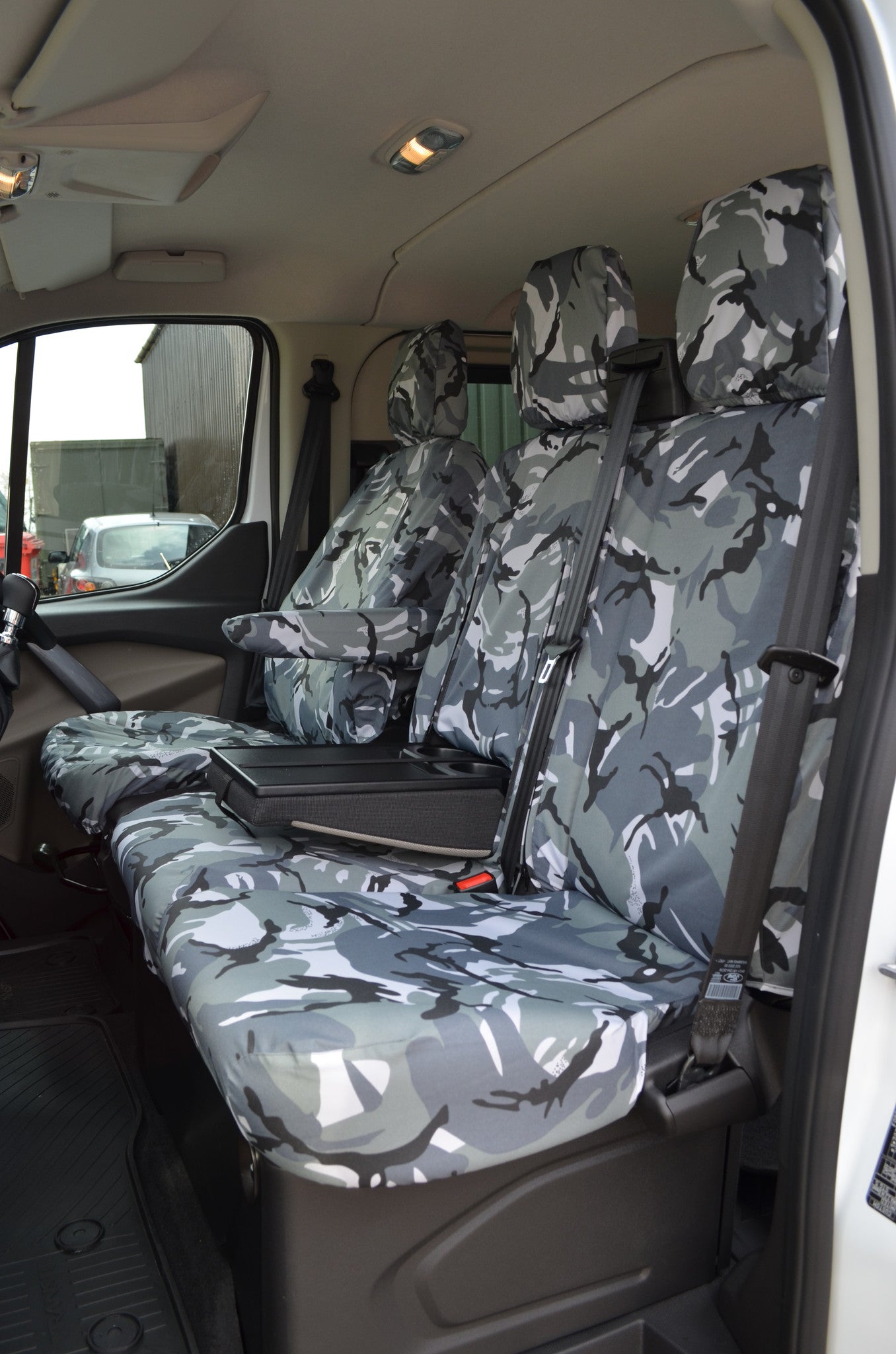 Ford Transit Custom 2013 Onwards Tailored Front Seat Covers Grey Camouflage / Driver's &amp; Double Passenger WITH Worktray Seat Covers 4 Vans Ltd